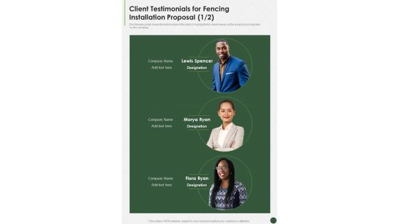 Fencing Installation Proposal Client Testimonials One Pager Sample Example Document