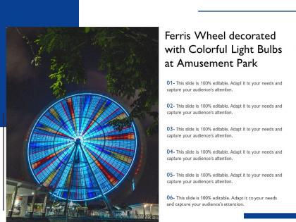 Ferris wheel decorated with colorful light bulbs at amusement park