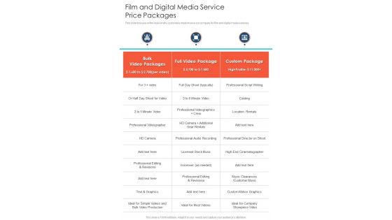 Film And Digital Media Service Price Packages One Pager Sample Example Document