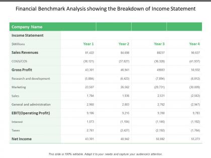 Financial benchmark analysis showing the breakdown of income statement