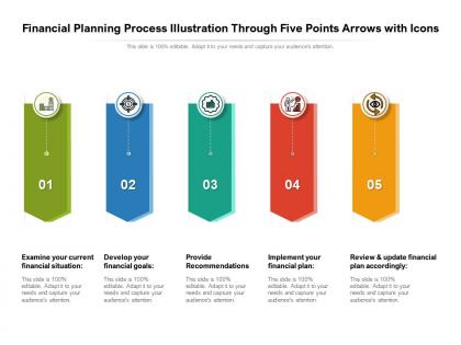 Financial planning process illustration through five points arrows with icons
