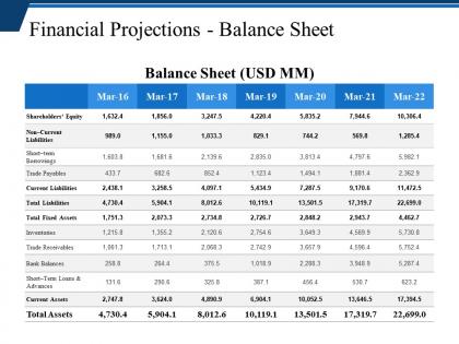Financial projections balance sheet presentation visuals