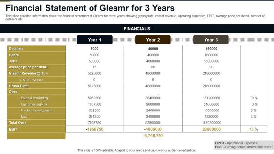 Financial statement of gleamr for 3 years gleamr investor funding elevator pitch deck