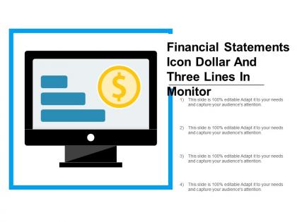Financial statements icon dollar and three lines in monitor