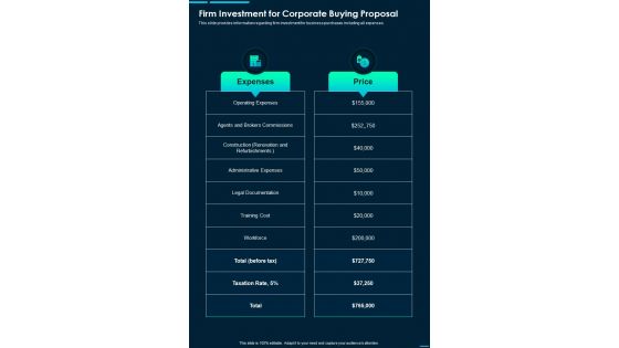 Firm Investment For Corporate Buying Proposal One Pager Sample Example Document