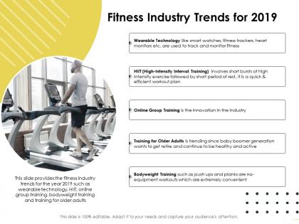 Fitness industry trends for 2019 workout plan ppt powerpoint presentation icon layout