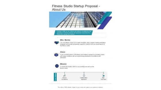 Fitness Studio Startup Proposal About Us One Pager Sample Example Document