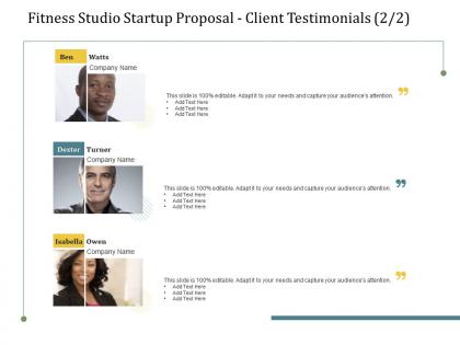 Fitness studio startup proposal client testimonials l2227 ppt powerpoint information