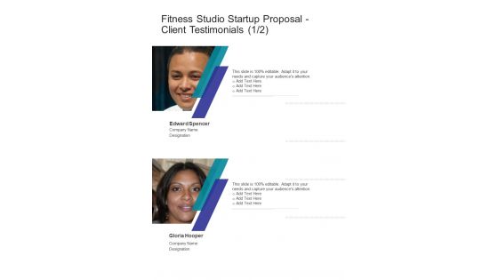 Fitness Studio Startup Proposal Client Testimonials One Pager Sample Example Document