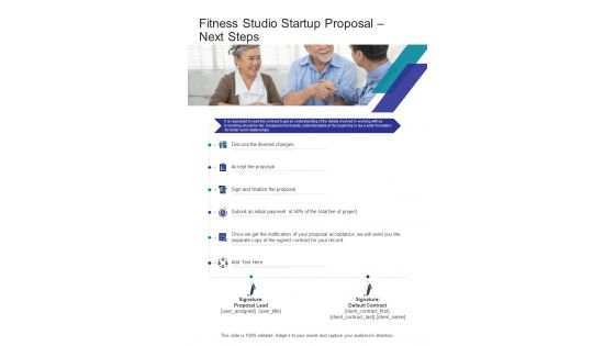 Fitness Studio Startup Proposal Next Steps One Pager Sample Example Document