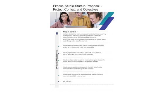 Fitness Studio Startup Proposal Project Context And Objectives One Pager Sample Example Document