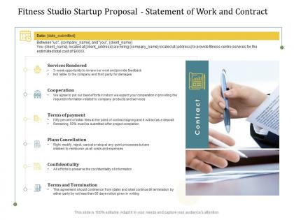 Fitness studio startup proposal statement of work and contract ppt powerpoint gallery