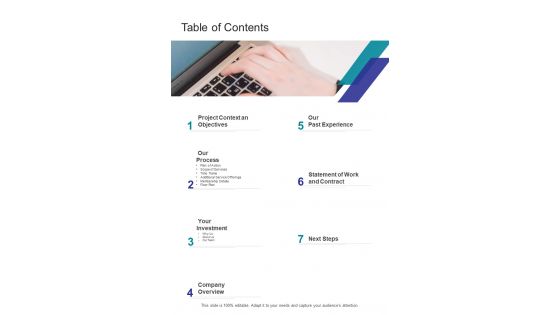 Fitness Studio Startup Proposal Table Of Contents One Pager Sample Example Document