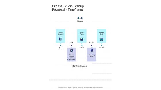 Fitness Studio Startup Proposal Timeframe One Pager Sample Example Document
