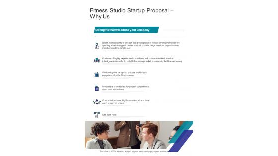 Fitness Studio Startup Proposal Why Us One Pager Sample Example Document