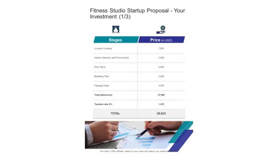 Fitness Studio Startup Proposal Your Investment One Pager Sample Example Document