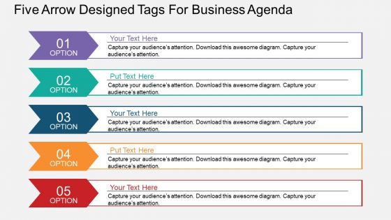 Five arrow designed tags for business agenda flat powerpoint design