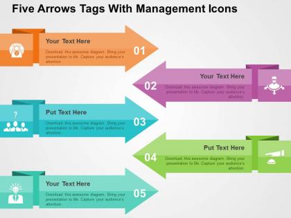 Five arrows tags with management icons flat powerpoint design