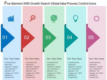 Five banners with growth search global idea process control icons flat powerpoint design