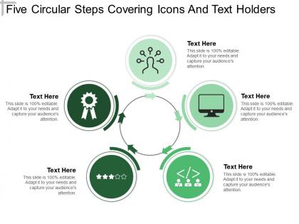 Five circular steps covering icons and text holders