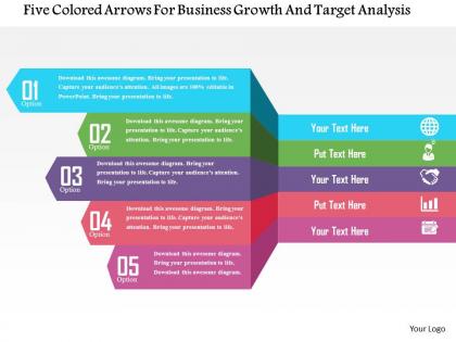 Five colored arrows for business growth and target analysis flat powerpoint design