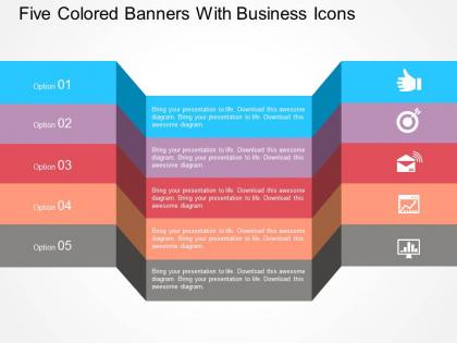 Five colored banners with business icons flat powerpoint design