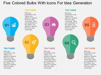 Five colored bulbs with icons for idea generation flat powerpoint design