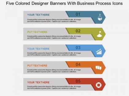 Five colored designer banners with business process icons flat powerpoint design