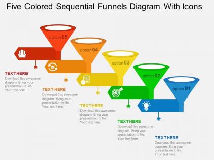 Five colored sequential funnels diagram with icons flat powerpoint design