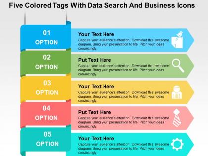 Five colored tags with data search and business icons flat powerpoint design