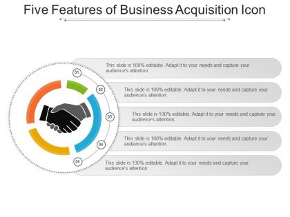 Five features of business acquisition icon presentation graphics