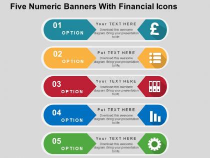 Five numeric banners with financial icons flat powerpoint design