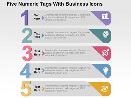 Five numeric tags with business icons flat powerpoint design
