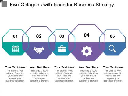 Five octagons with icons for business strategy