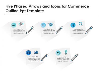 Five phased arrows and icons for commerce outline ppt template