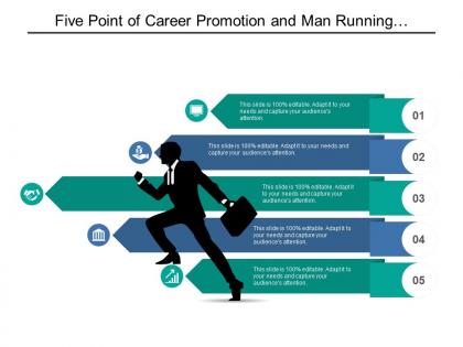 Five point of career promotion and man running with briefcase graphic