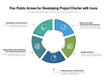 Five points arrows for developing project charter with icons