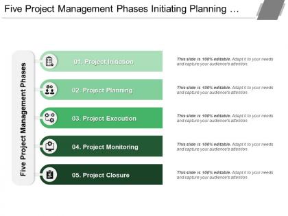 Five project management phases initiating planning monitoring and closing with icons