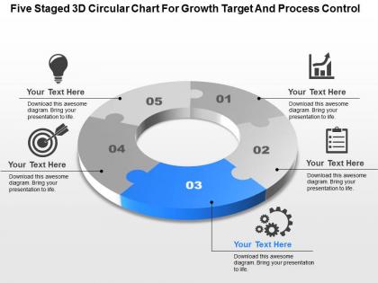 Five staged 3d circular chart for growth target and process control ppt template slide