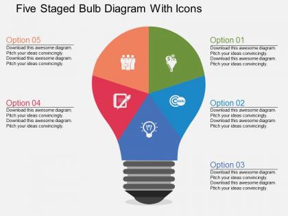 Five staged bulb diagram with icons flat powerpoint desgin