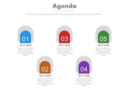 Five staged business agenda analysis tags powerpoint slide