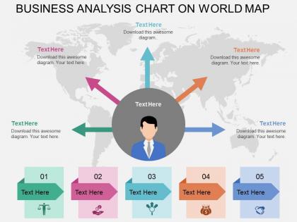 Five staged business analytics chart on world map ppt presentation slides