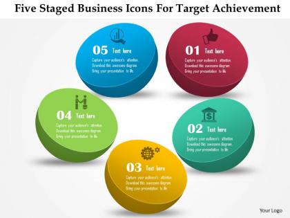 Five staged business icons for target achievement powerpoint template