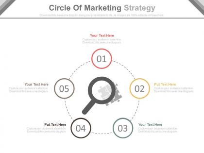 Five staged circle of marketing strategy flat powerpoint design
