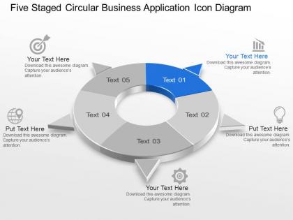 Five staged circular business application icon diagram powerpoint template slide