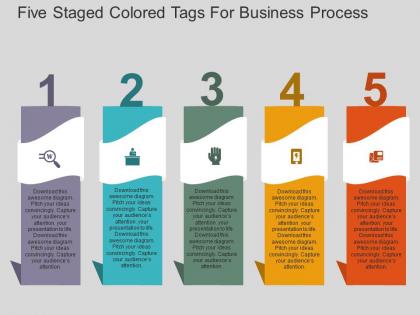 Five staged colored tags for business process flat powerpoint design