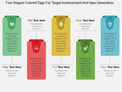 Five staged colored tags for target achievement and idea generation flat powerpoint design