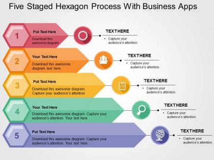 Five staged hexagon process with business apps flat powerpoint design