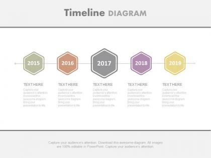 Five staged hexagons and years based timeline powerpoint slides