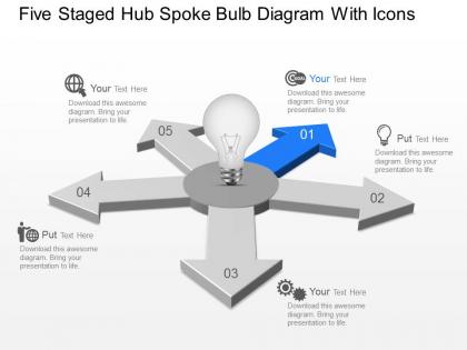 Five staged hub spoke bulb diagram with icons powerpoint template slide